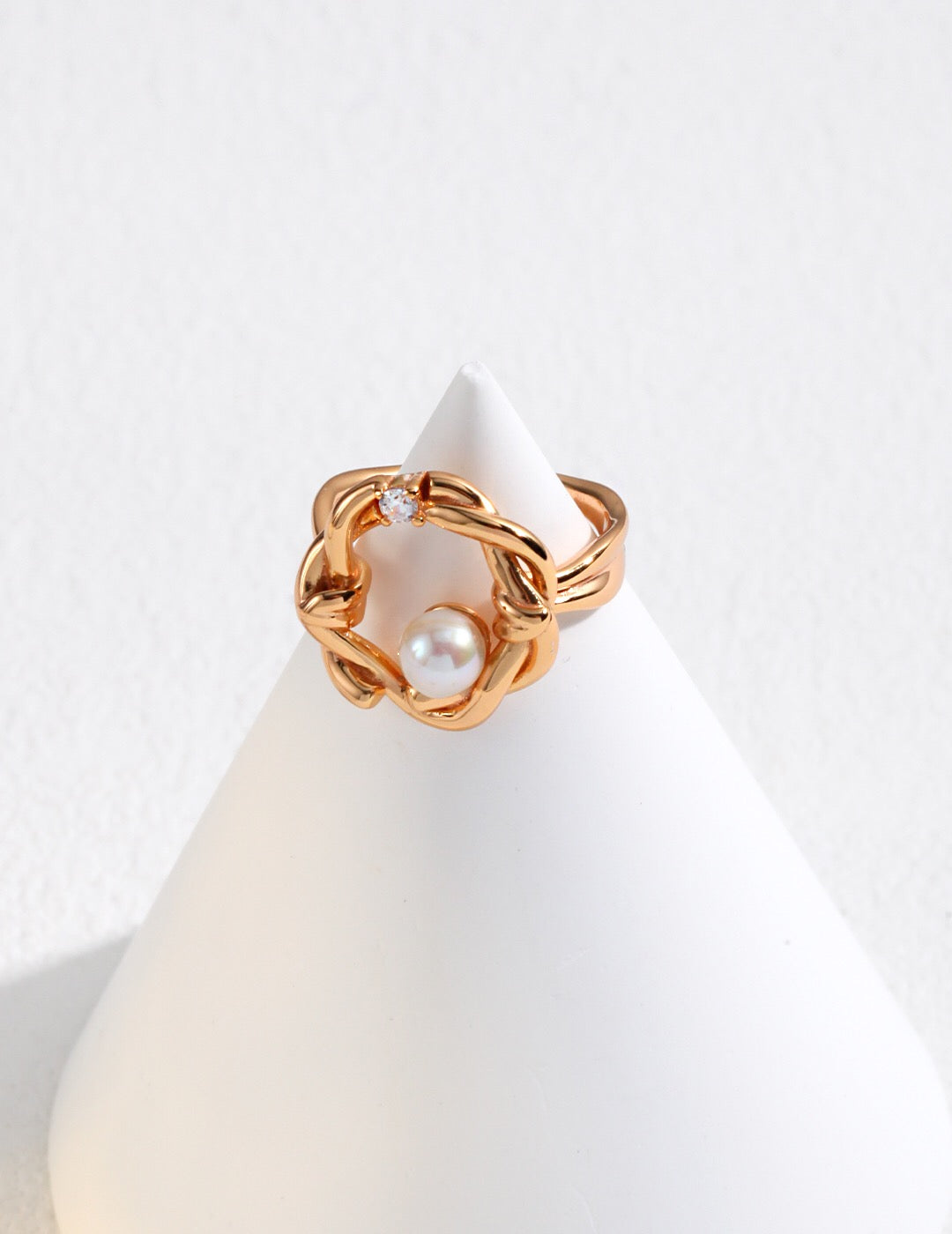 Twist Floral Pearl Open Ring featuring a genuine freshwater pearl set in a twist design, crafted from sterling silver and gold vermeil.