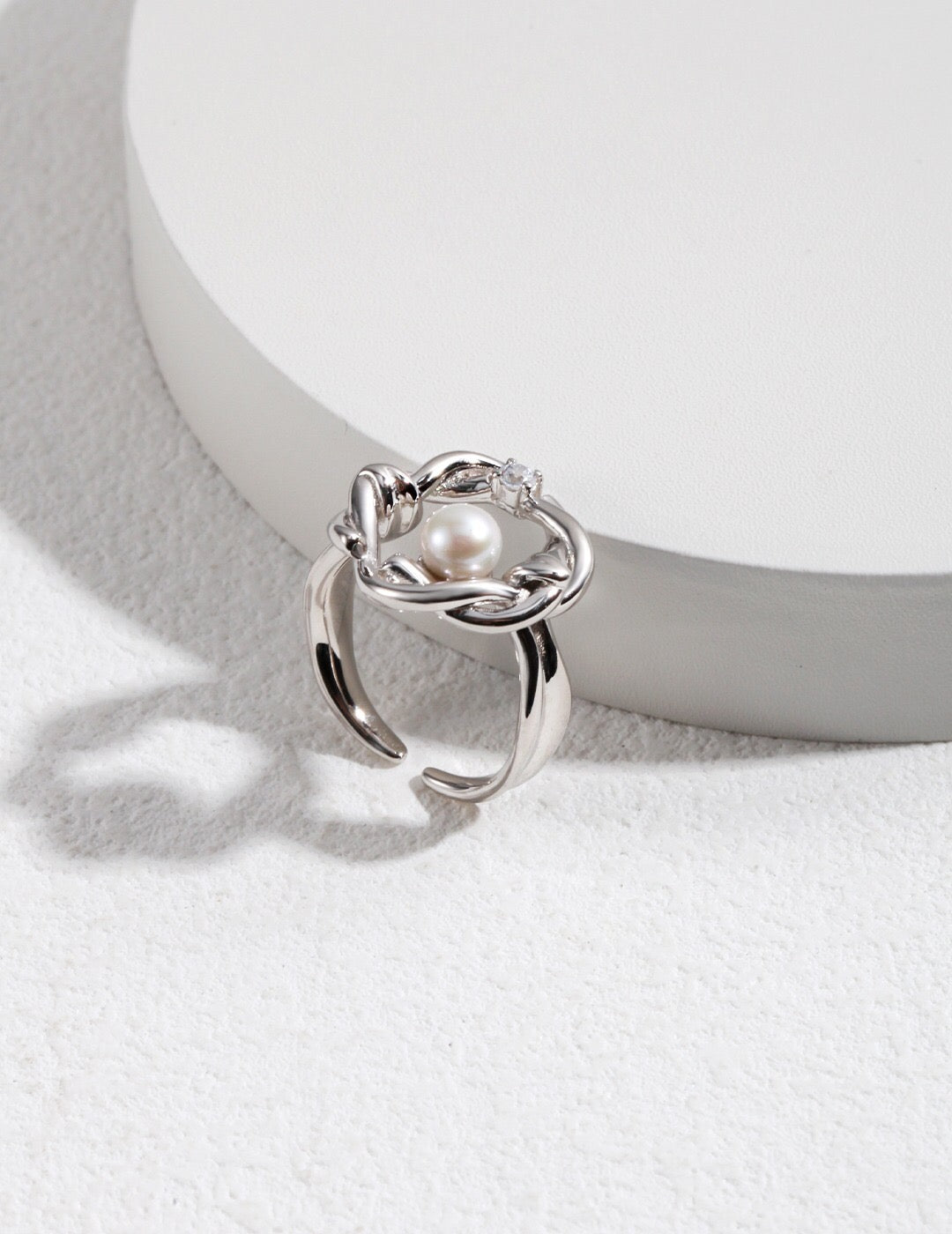 Twist Floral Pearl Open Ring featuring a genuine freshwater pearl set in a twist design, crafted from sterling silver and gold vermeil.