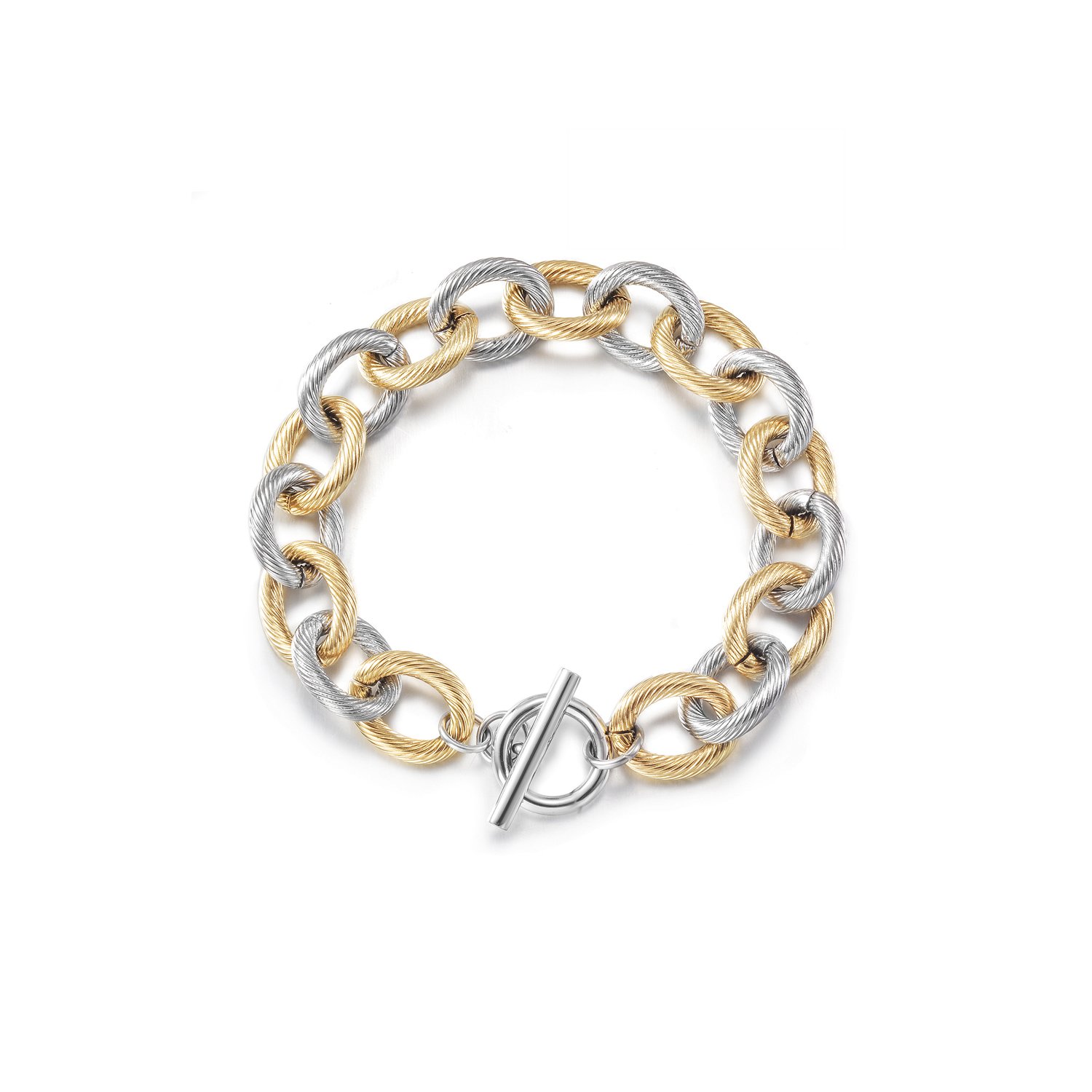 Twisted Wire Link Bracelet made of 316L surgical stainless steel with 14K gold PVD plating, showcasing its elegant twisted design.