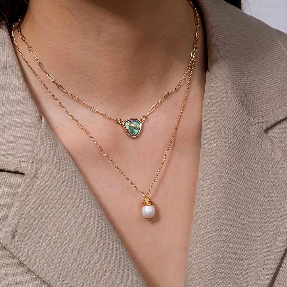 Two Layer Necklace featuring a gold-framed Abalone Shell pendant and a faux pearl pendant, elegantly layered for a stylish look.