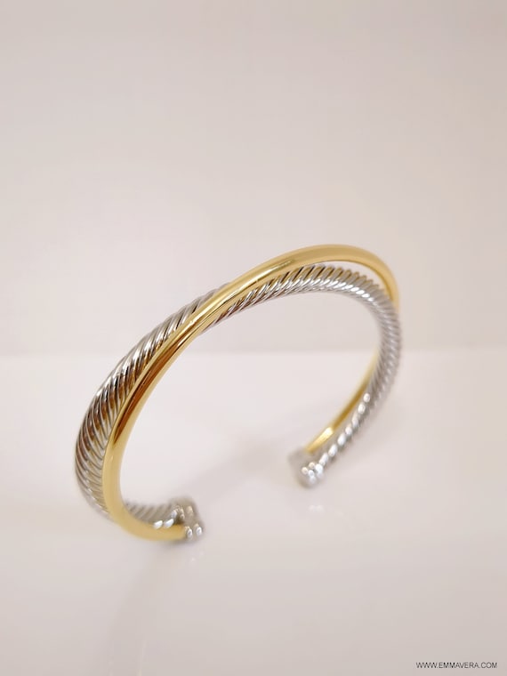 Two Tone Double Cable Bangle featuring 18K Gold Filled accents and a delicate cable pattern.