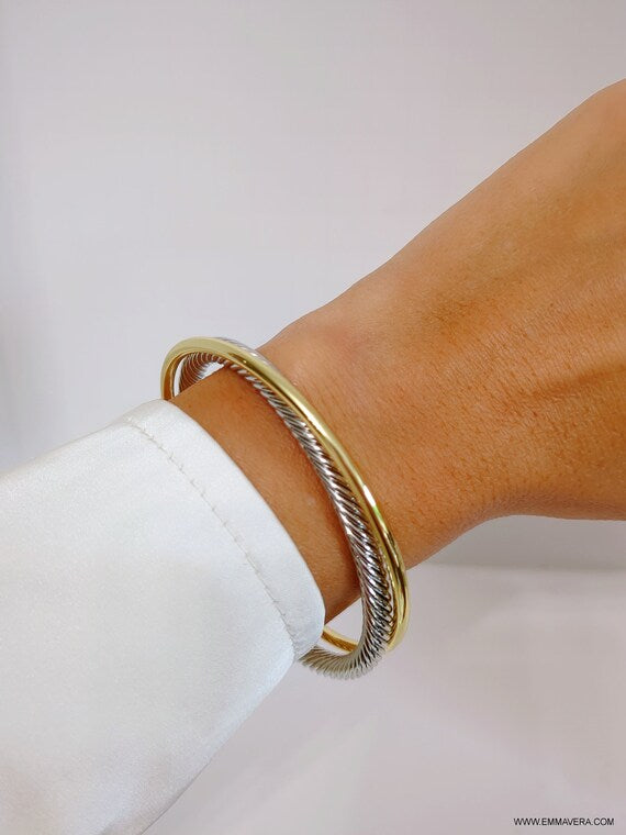 Two Tone Double Cable Bangle featuring 18K Gold Filled accents and a delicate cable pattern.