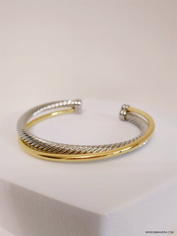 Two Tone Double Cable Bangle featuring 18K Gold Filled accents and a delicate cable pattern.