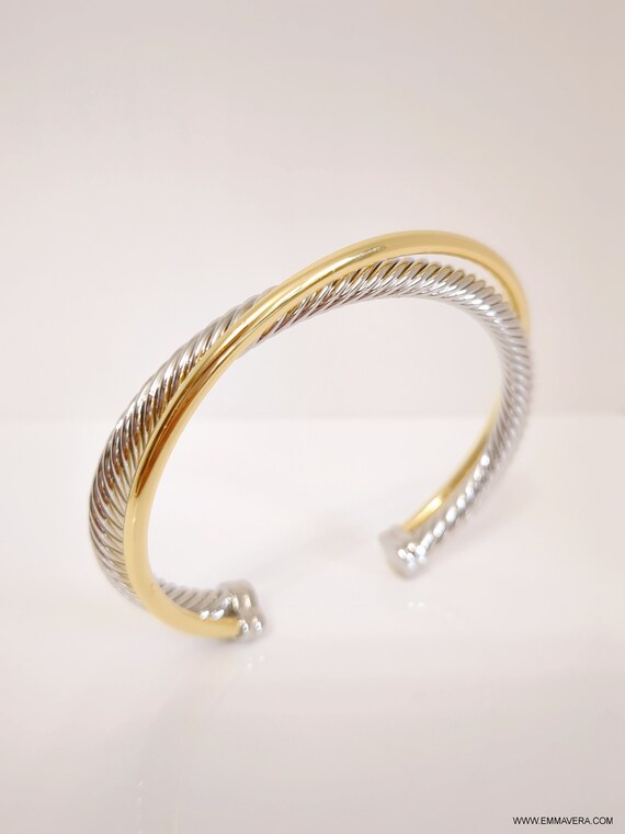 Two Tone Double Cable Bangle featuring 18K Gold Filled accents and a delicate cable pattern.