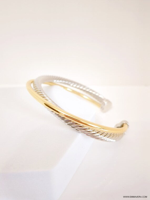 Two Tone Double Cable Bangle featuring 18K Gold Filled accents and a delicate cable pattern.