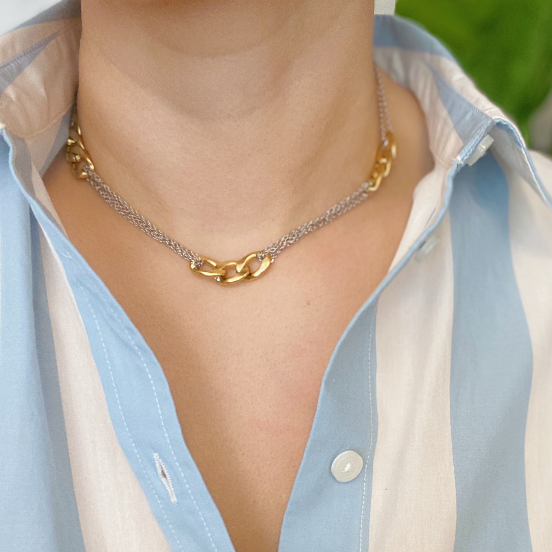 Two Toned Noble Chain Necklace featuring gold and silver tones with bold and dainty chains, perfect for stylish layering.