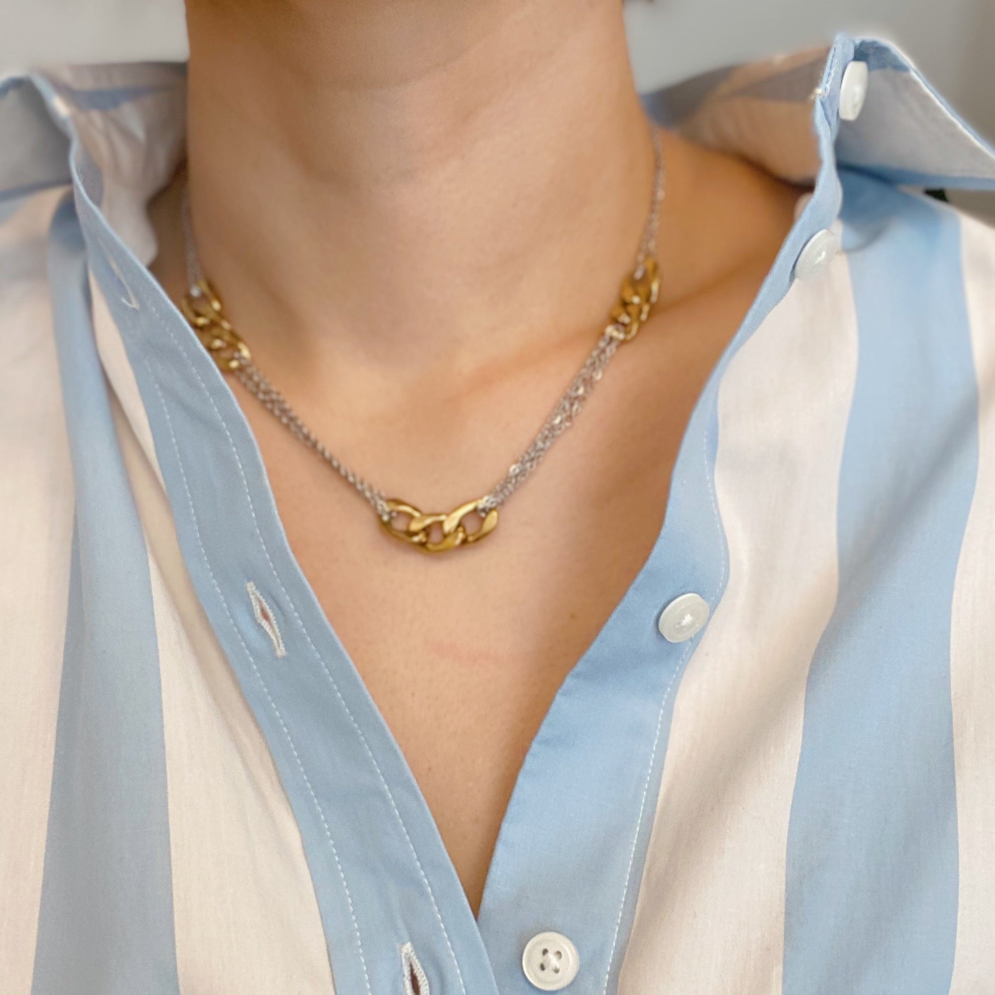 Two Toned Noble Chain Necklace featuring gold and silver tones with bold and dainty chains, perfect for stylish layering.