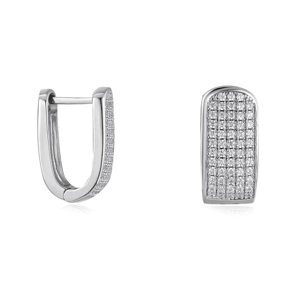 Elegant U shape pave stunning earrings made of 925 sterling silver with white sapphire accents and a white gold finish.