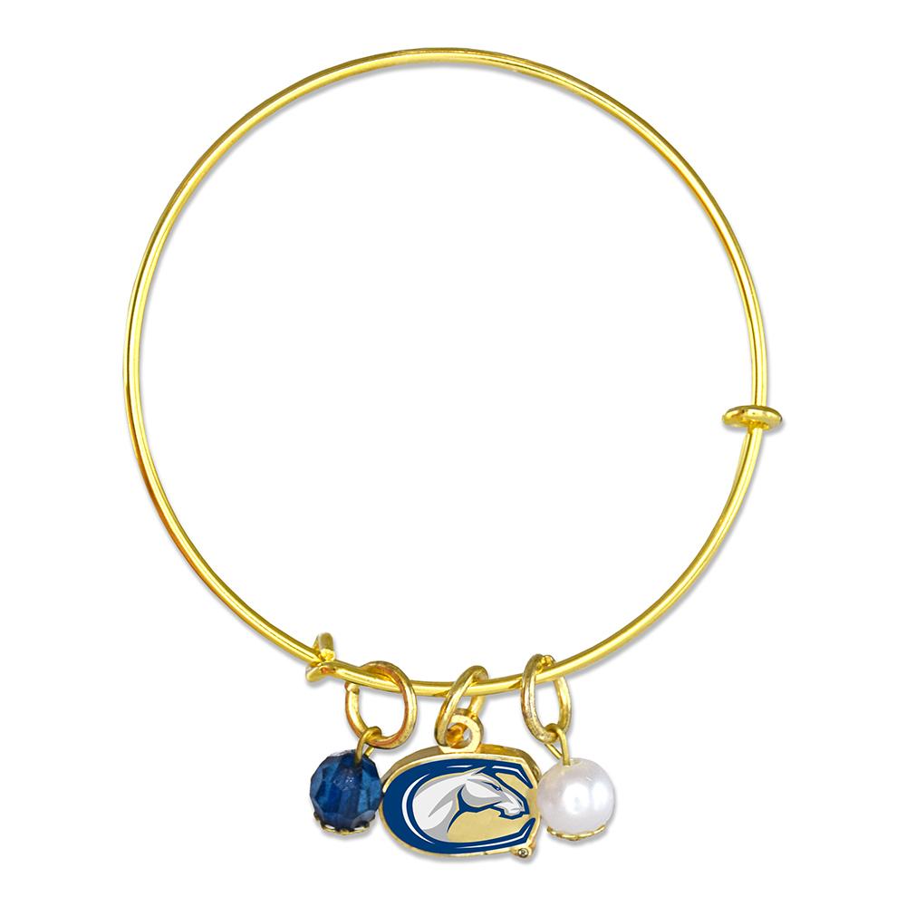 UC Davis Bangle Bracelet featuring Aggies logo charm, blue rhinestone, and imitation pearl, adjustable from 7-8 inches.