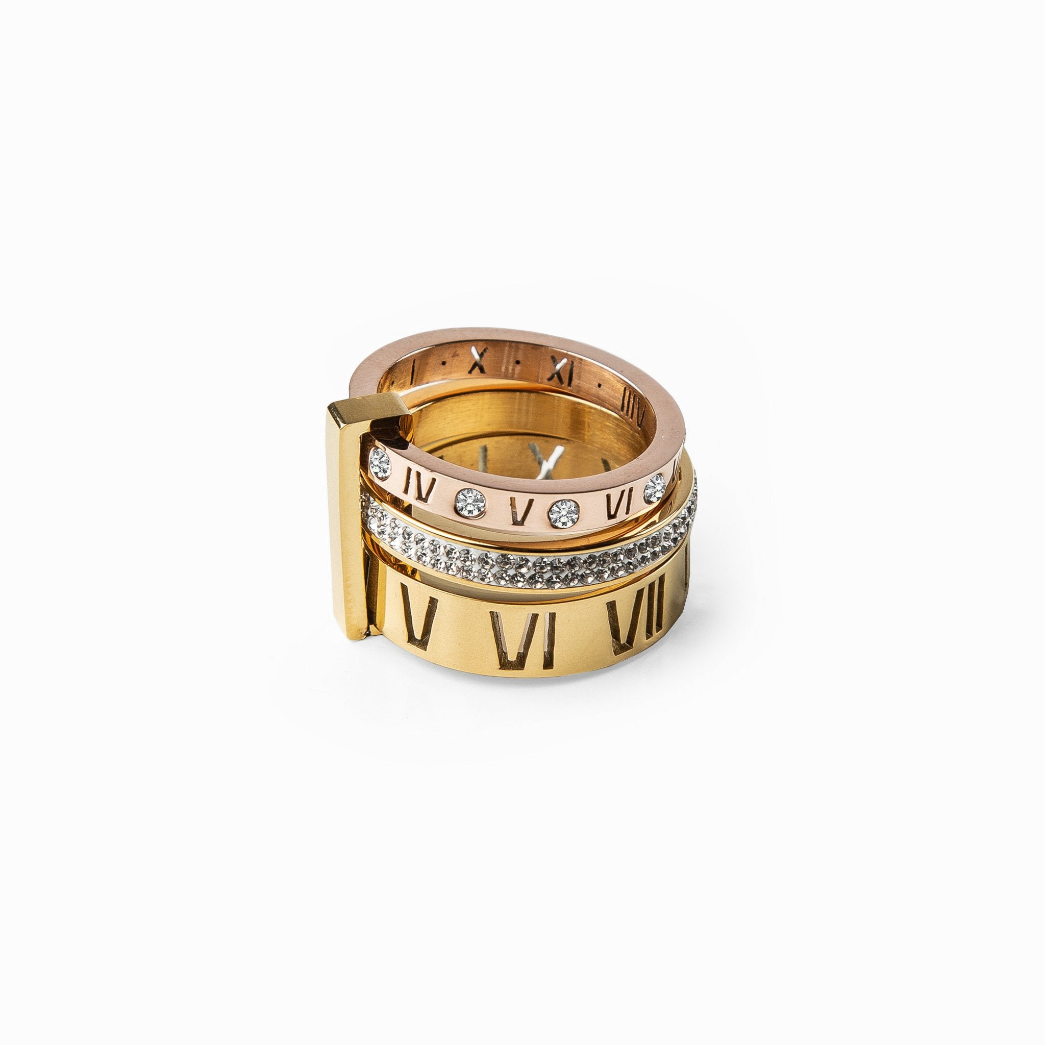 Umaima Triple Stack Stone Ring in gold, showcasing its elegant layered design and premium stainless steel finish.