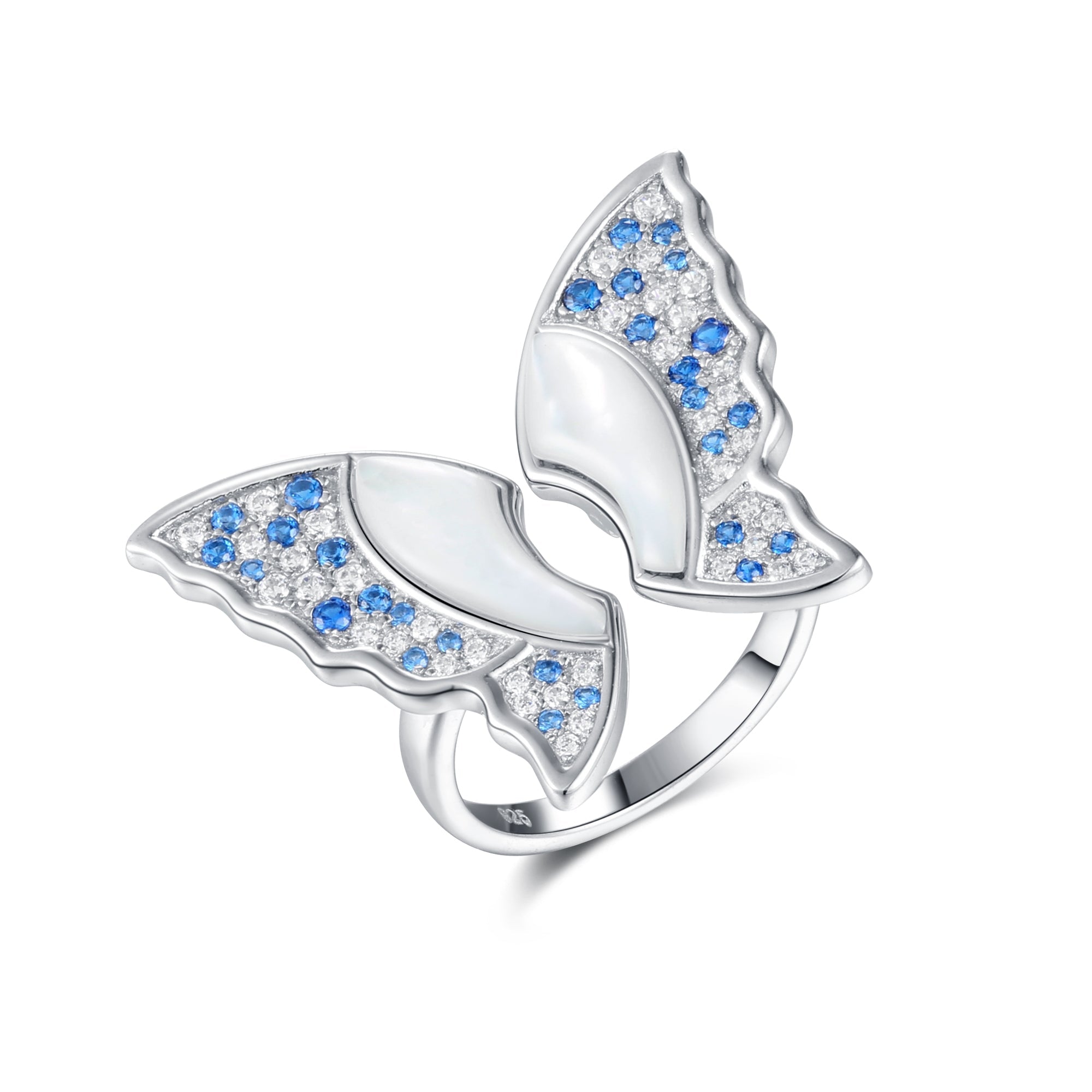 Unique butterfly open ring featuring a pearl and white sapphire, crafted from 925 sterling silver with a white gold finish.