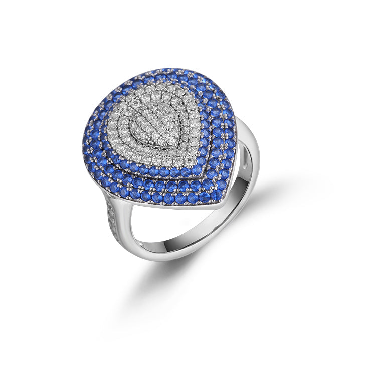 A unique design ring made of 925 sterling silver with real white gold, featuring white sapphire and blue zirconia stones.