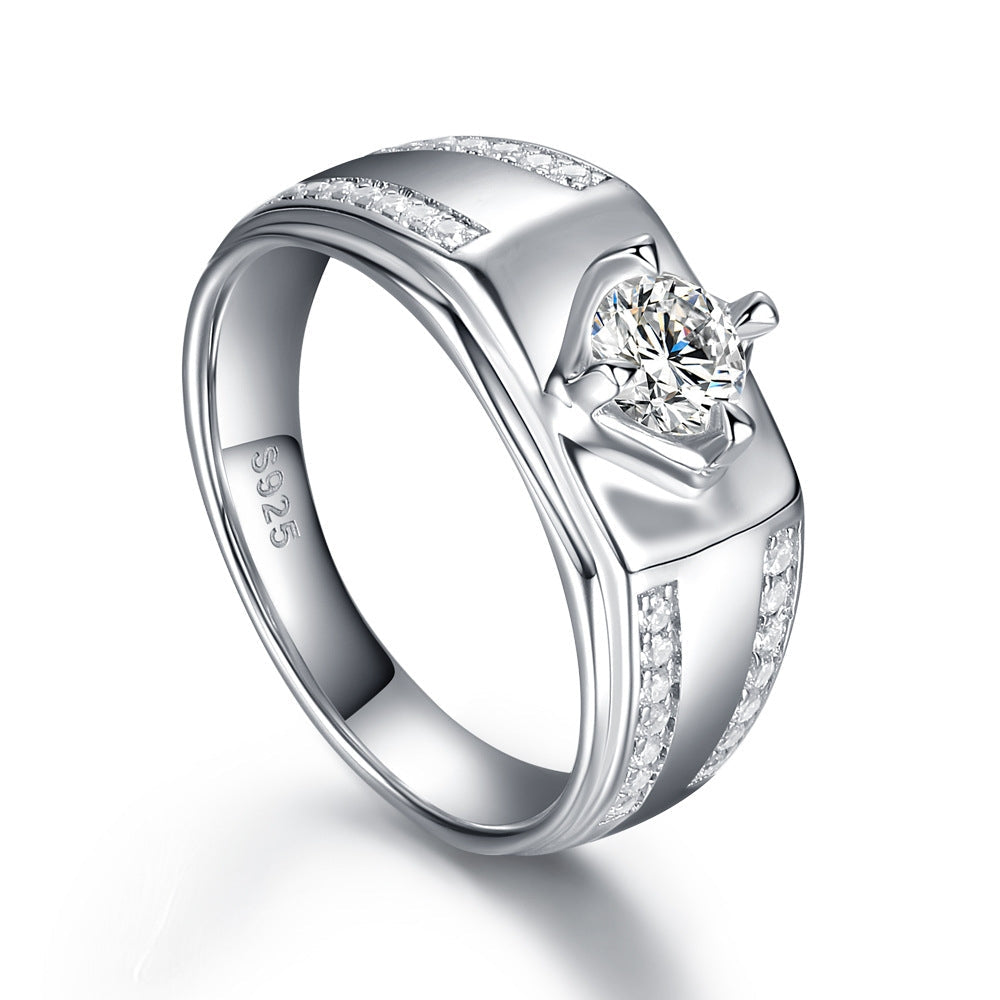 A unique men's ring made of 925 sterling silver with a white gold finish and a white sapphire stone, showcasing elegance and sophistication.