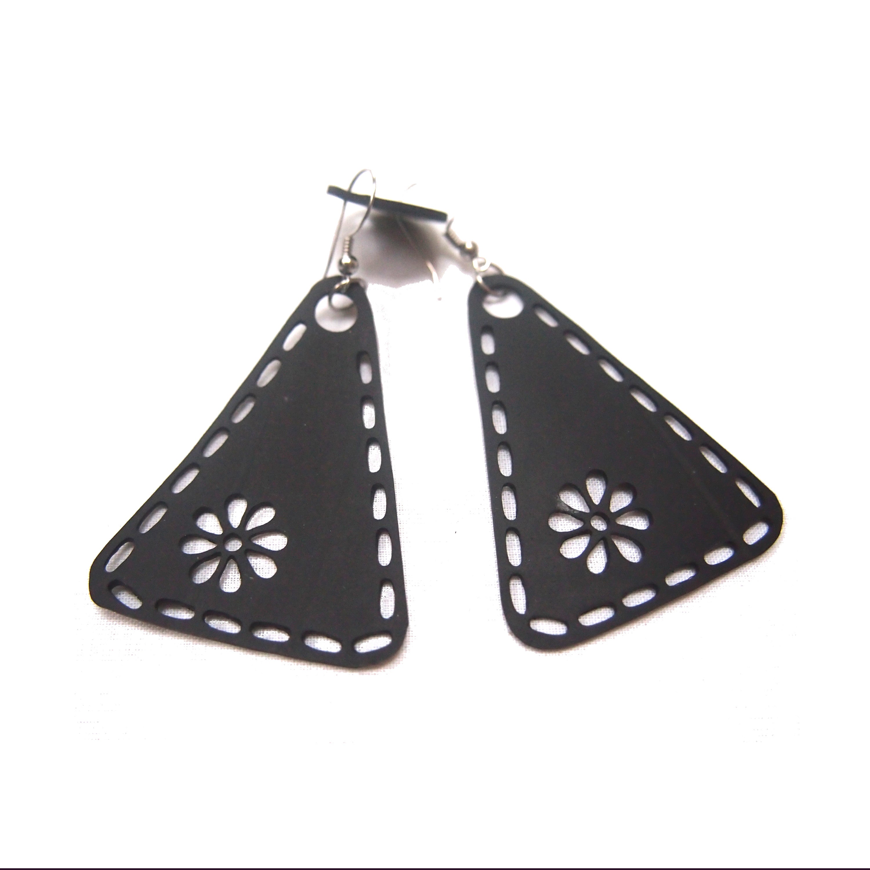 Unique Recycled Rubber Triangle Earrings featuring handcrafted design from upcycled inner tubes with sterling silver hooks.