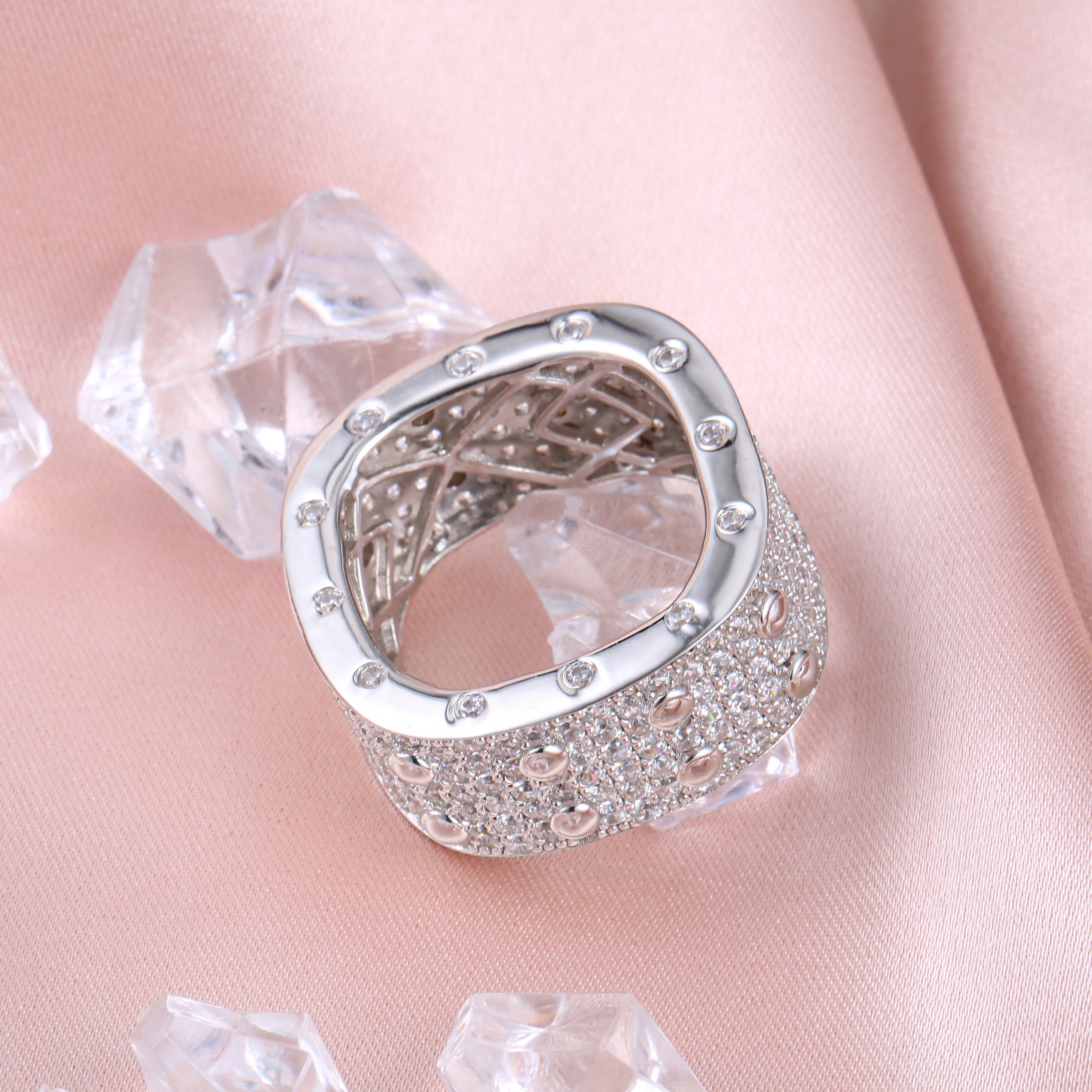 Unisex square iced ring made of 925 Sterling Silver with Lachouette white sapphire, elegantly displayed in a gift box.