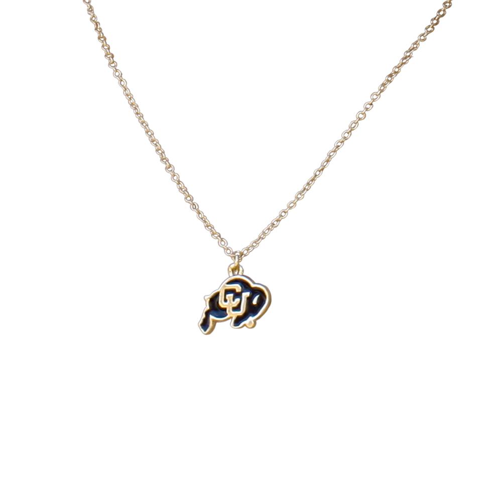 University of Colorado Fan Necklace featuring the Buffalo logo in a gold finish with an adjustable chain.