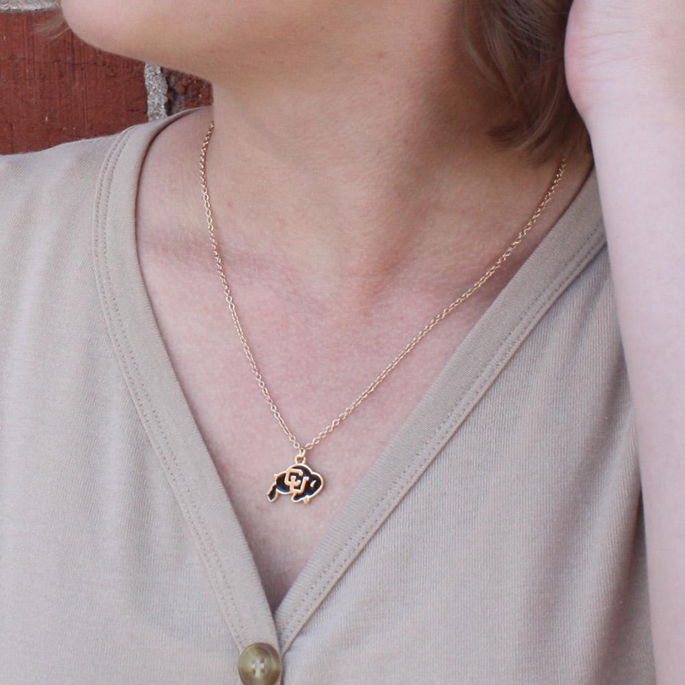 University of Colorado Fan Necklace featuring the Buffalo logo in a gold finish with an adjustable chain.