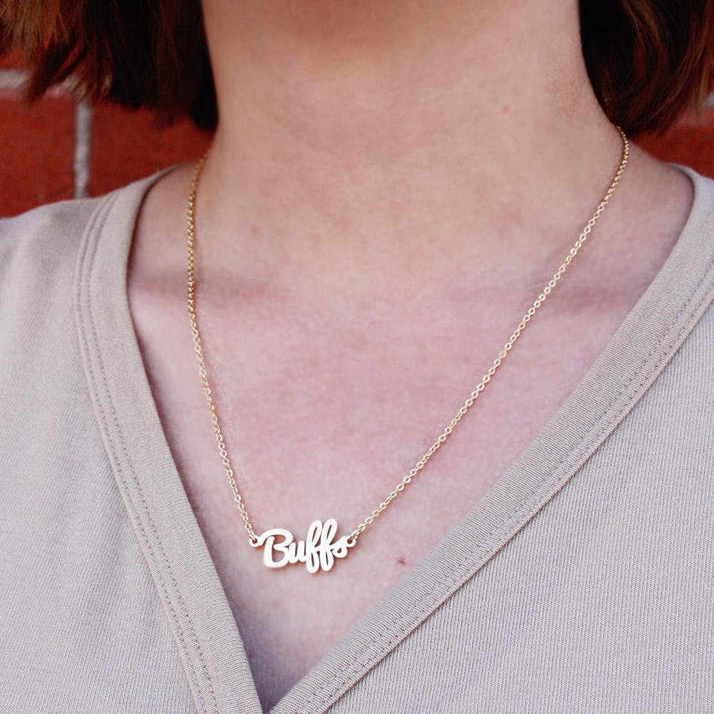 University of Colorado Script Necklace with gold finish and adjustable chain.