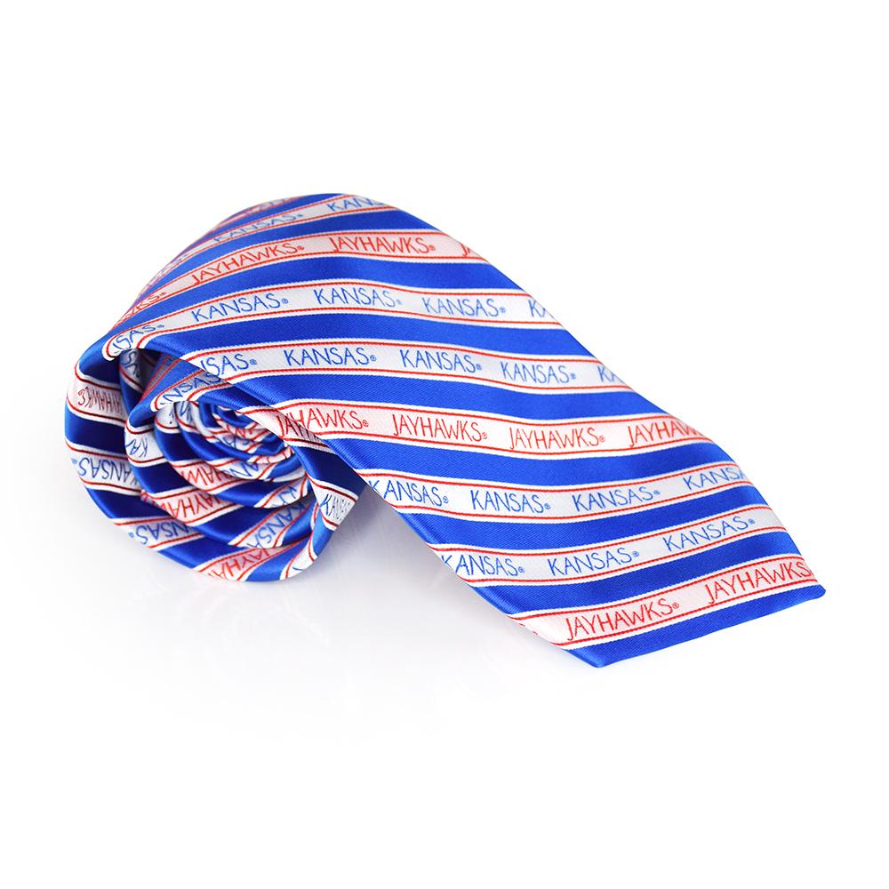 University of Kansas Men's Tie featuring trendy stripes in vibrant colors, made from durable microfiber material.