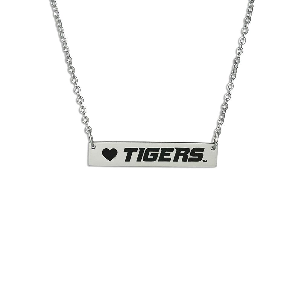 University of Missouri Tigers Bar Necklace with silver finish and adjustable chain.