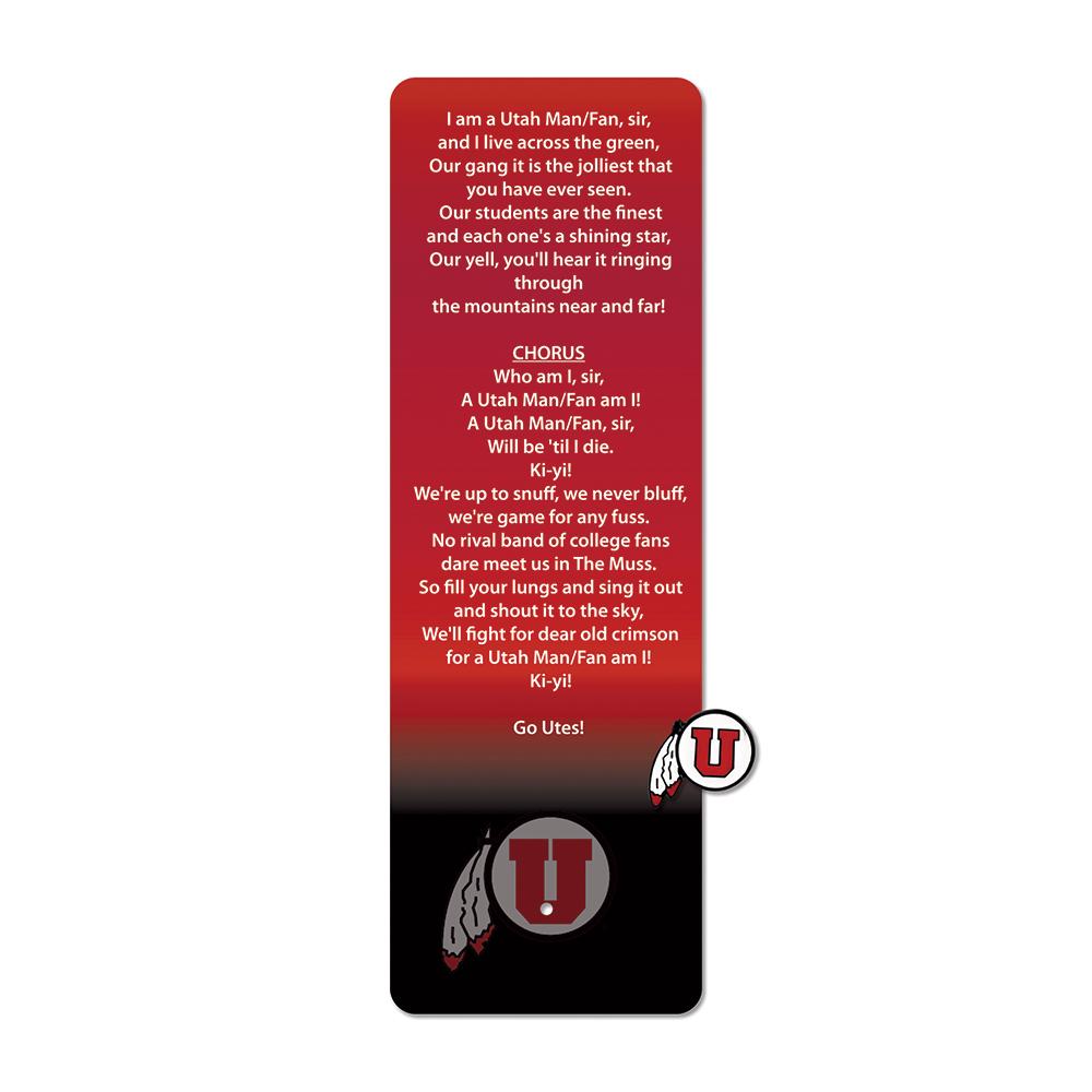 University of Utah Bookmark with Pin featuring the fight song and logo, ideal for fans.