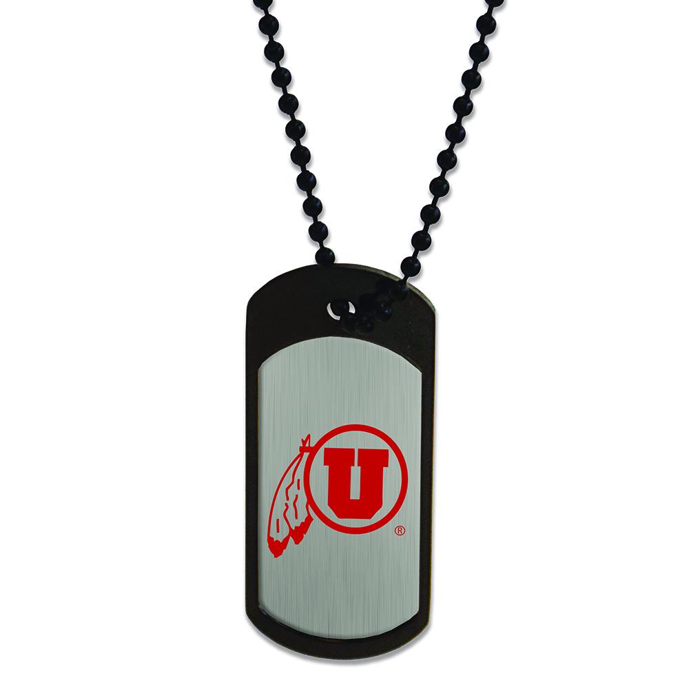 University of Utah Dog Tag with logo on brushed silver finish, attached to a 24-inch ball chain.