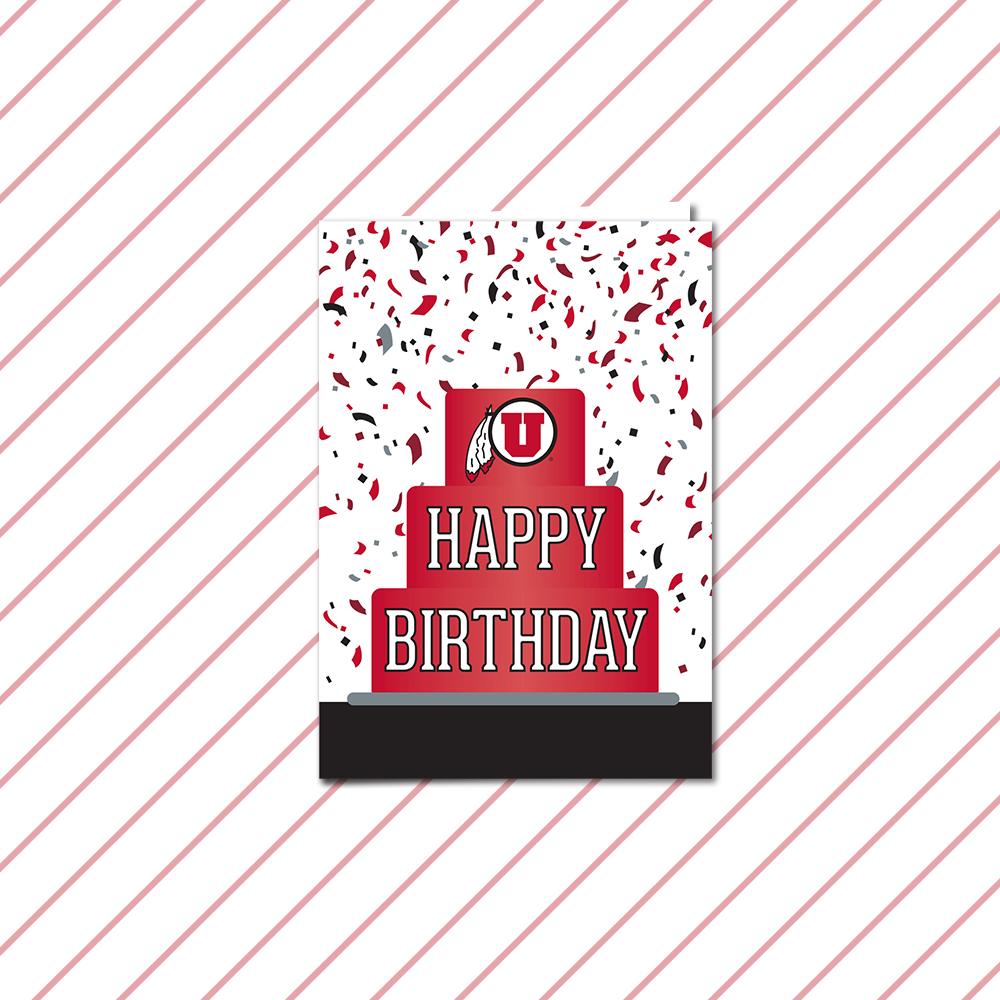 University of Utah Happy Birthday Cake Card featuring a colorful cake design, perfect for Ute fans.