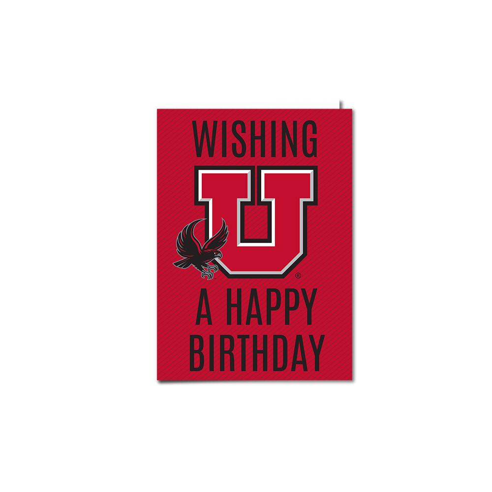 University of Utah Happy Birthday Swoop Card featuring vibrant colors and Swoop mascot design, perfect for Ute fans.