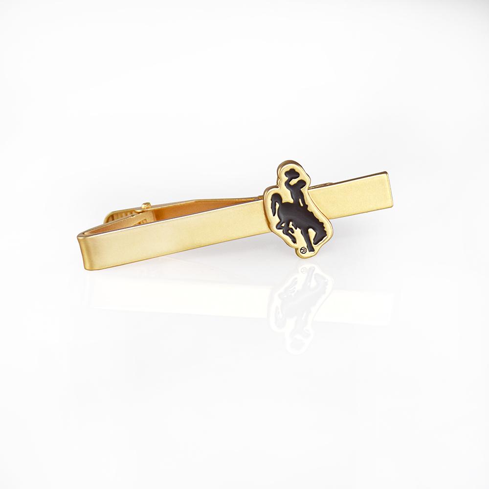 Stylish University of Wyoming tie bar with brushed gold finish, perfect for fans.