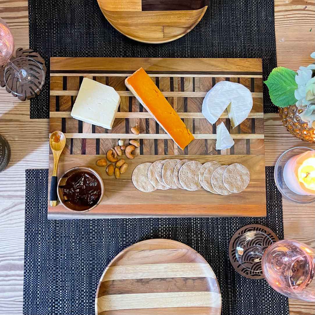 Upcycled End Grain Cutting Board made from reclaimed teak, rosewood, and jackfruit, showcasing unique patterns and craftsmanship.