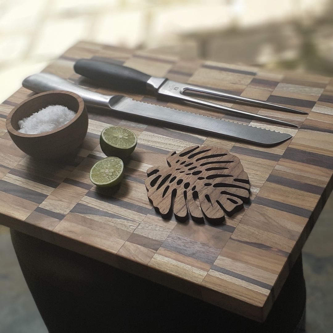 Upcycled End Grain Cutting Board made from reclaimed teak, rosewood, and jackfruit, showcasing unique patterns and craftsmanship.