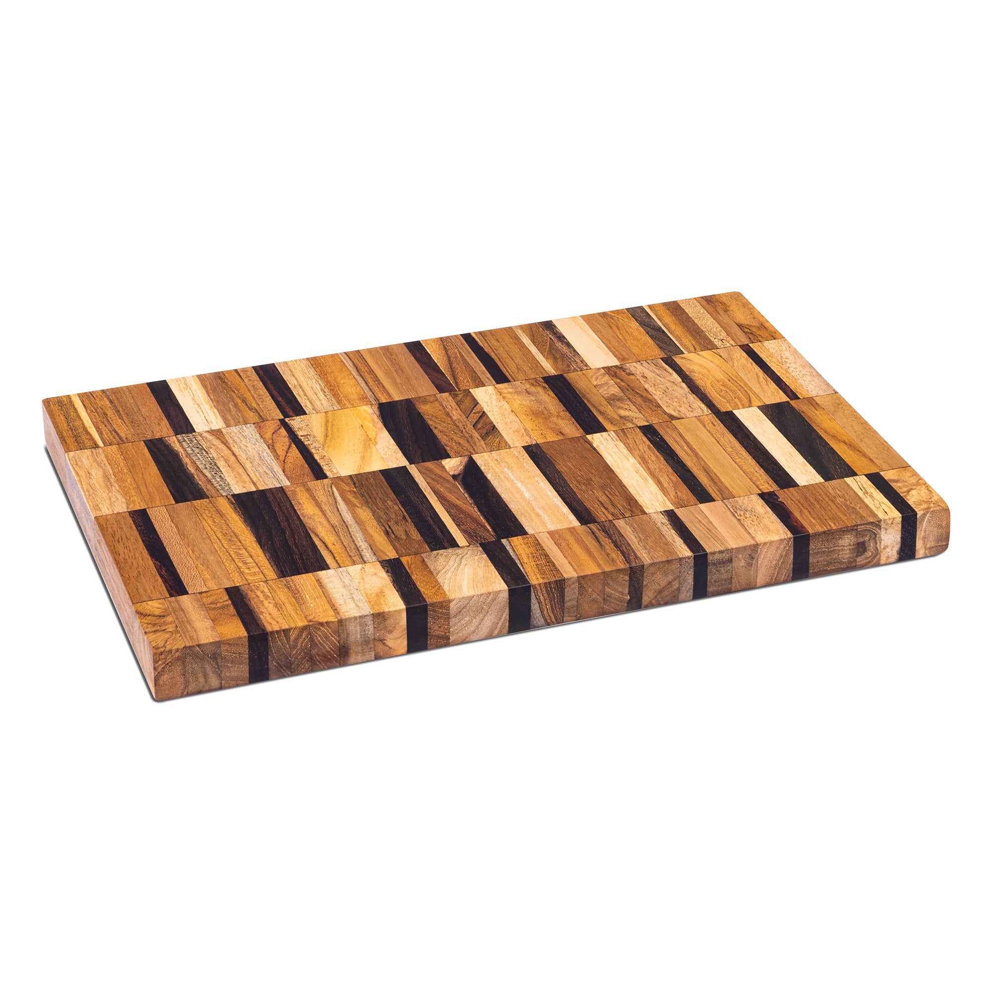 Upcycled End Grain Cutting Board made from reclaimed teak, rosewood, and jackfruit, showcasing unique patterns and craftsmanship.