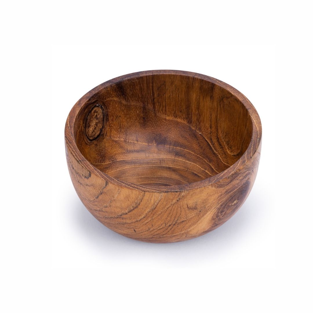 Upcycled Handmade Small Wooden Bowl featuring unique patterns, crafted from reclaimed teak, rosewood, and jackfruit, showcasing rich grain and deep tones.