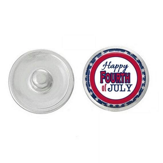 USA Happy Fourth of July Snap, a vibrant red and white decorative snap designed for jewelry, featuring patriotic colors and festive design.