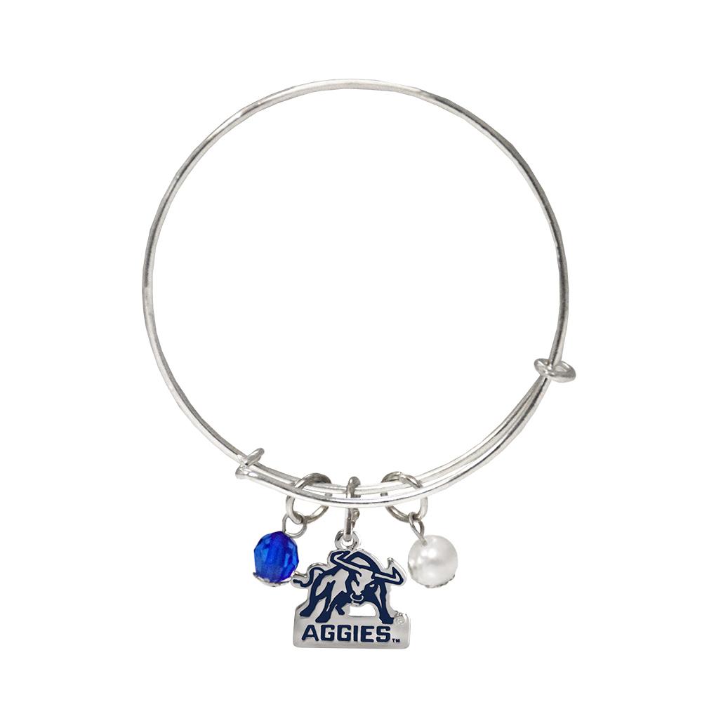 Utah State Aggies Bull Bangle Bracelet featuring logo charm, blue rhinestone, and white imitation pearl.