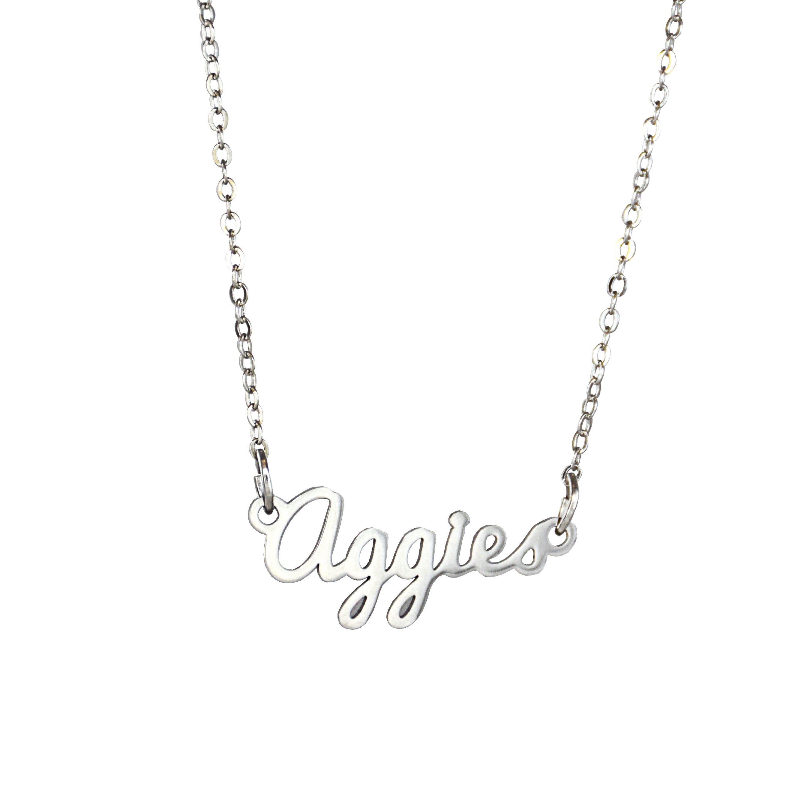 Utah State Aggies Script Necklace with silver finish and adjustable chain.