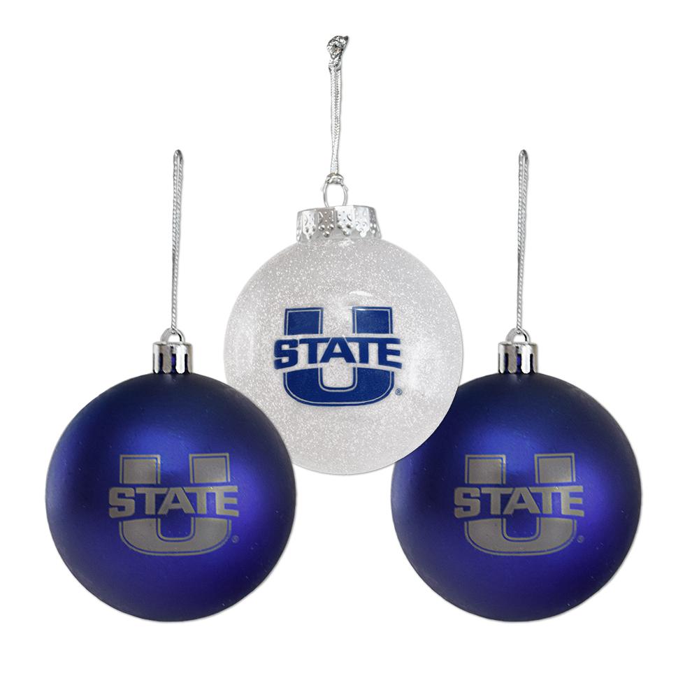 Utah State Bulb Ornament set featuring 3-inch ornaments with screen printed logos in a clear box.