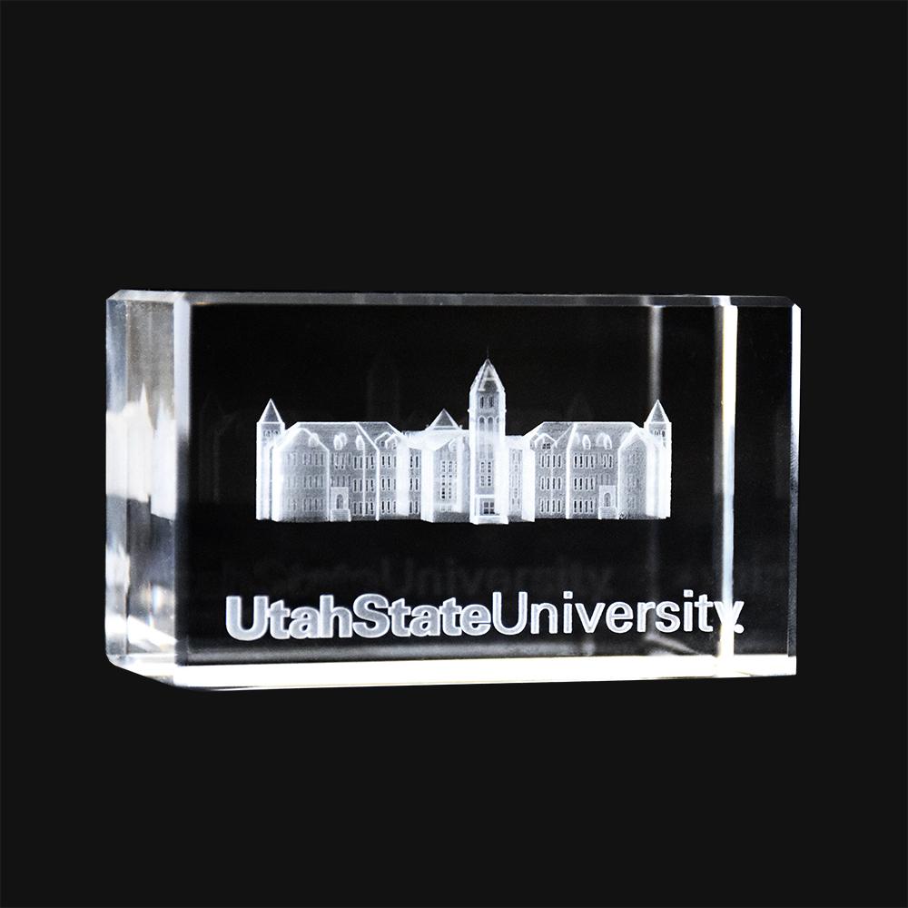 Utah State Old Main Crystal Cube showcasing the iconic building inside a clear optical crystal cube.