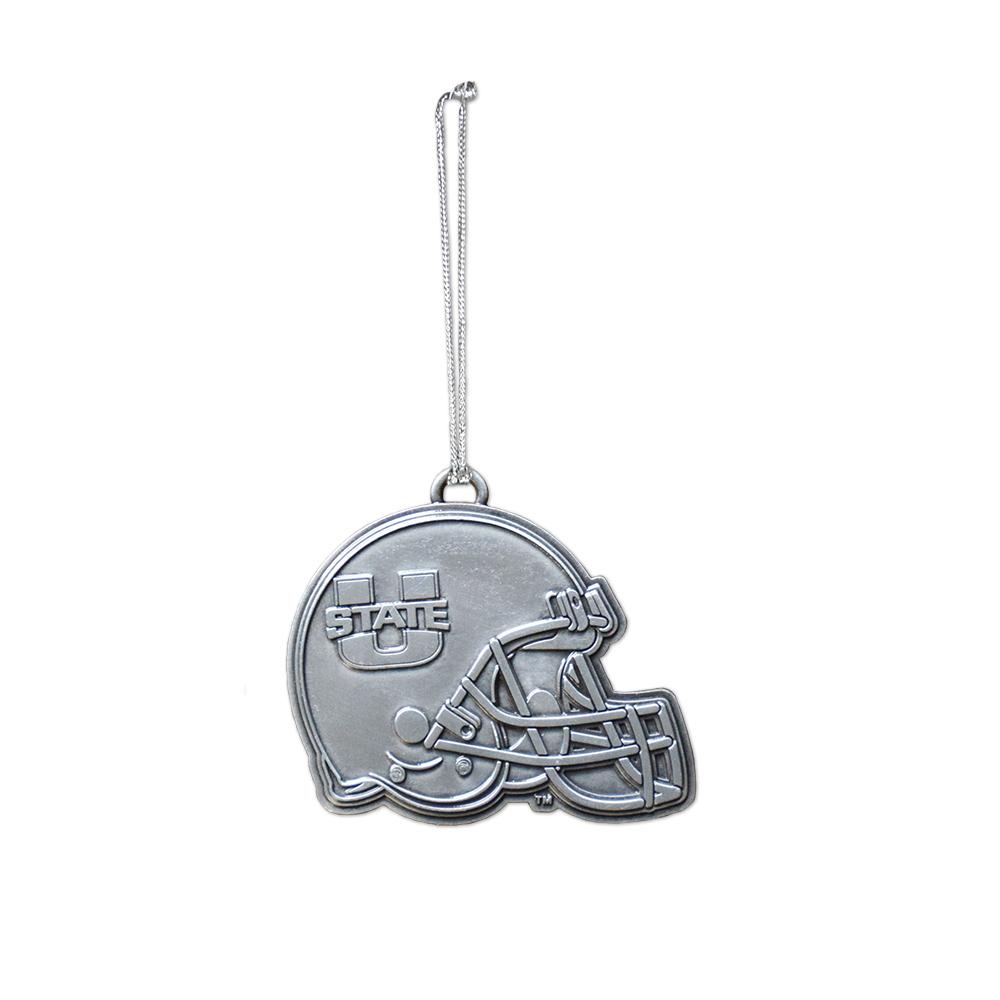 Utah State Shaped Metal Ornament featuring the university helmet design, perfect for displaying school spirit.