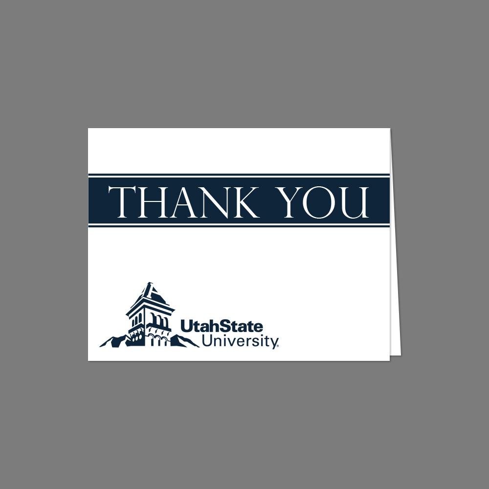 A pack of Utah State Thank You Cards featuring blue print, includes envelopes, measuring 4.25" x 5.5".