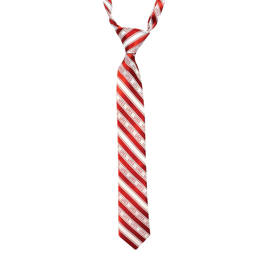 A stylish striped toddler tie representing the University of Utah, made from durable microfiber.