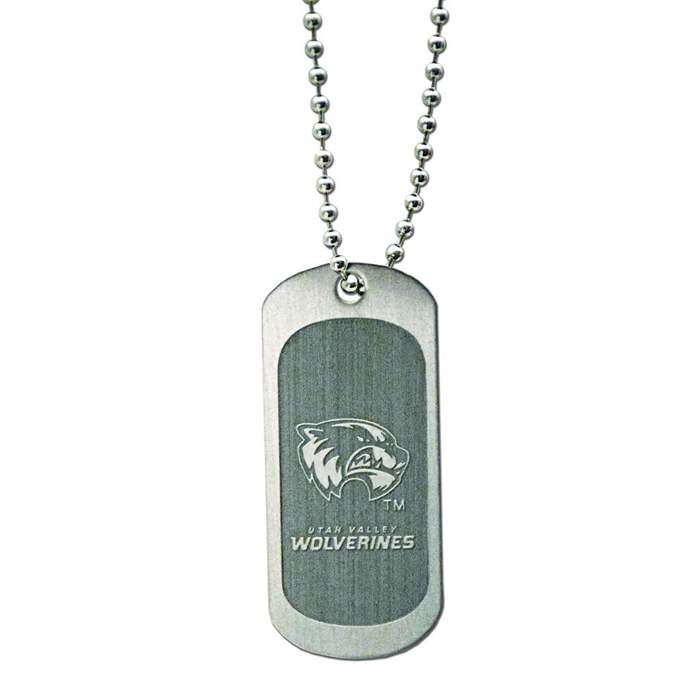 Utah Valley University UVU Dog Tag on a 24-inch ball chain, featuring the UVU logo on a brushed silver finish.