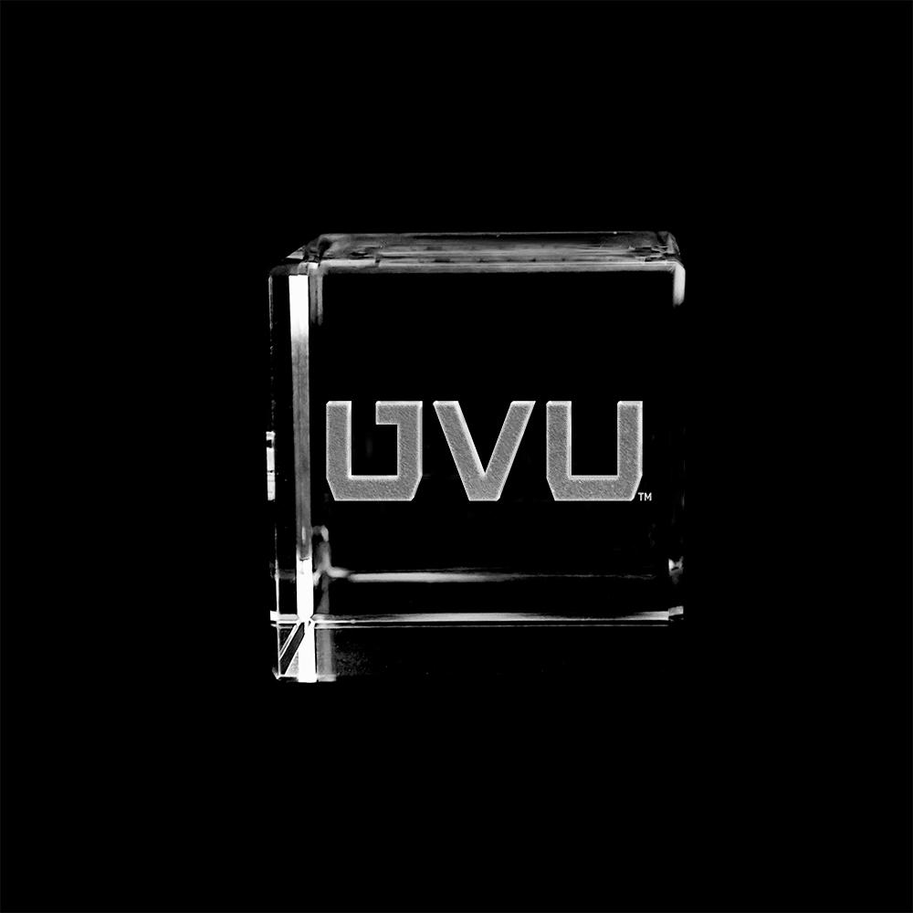 Utah Valley University UVU Letters Logo crystal cube showcasing the logo inside a pristine optical crystal design.