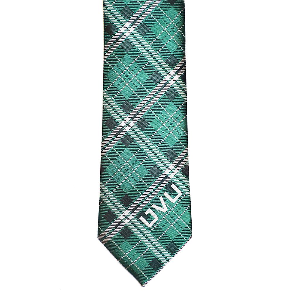 Utah Valley University Men's Plaid Tie featuring trendy plaid design in green and white colors, made from durable microfiber material.