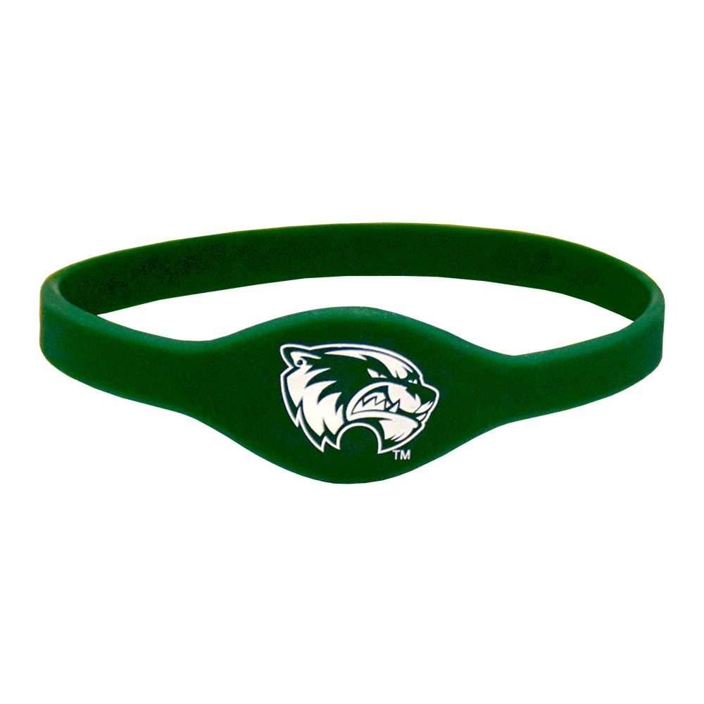 A durable UVU Silicone Bracelet in green and white, showcasing Utah Valley University pride.