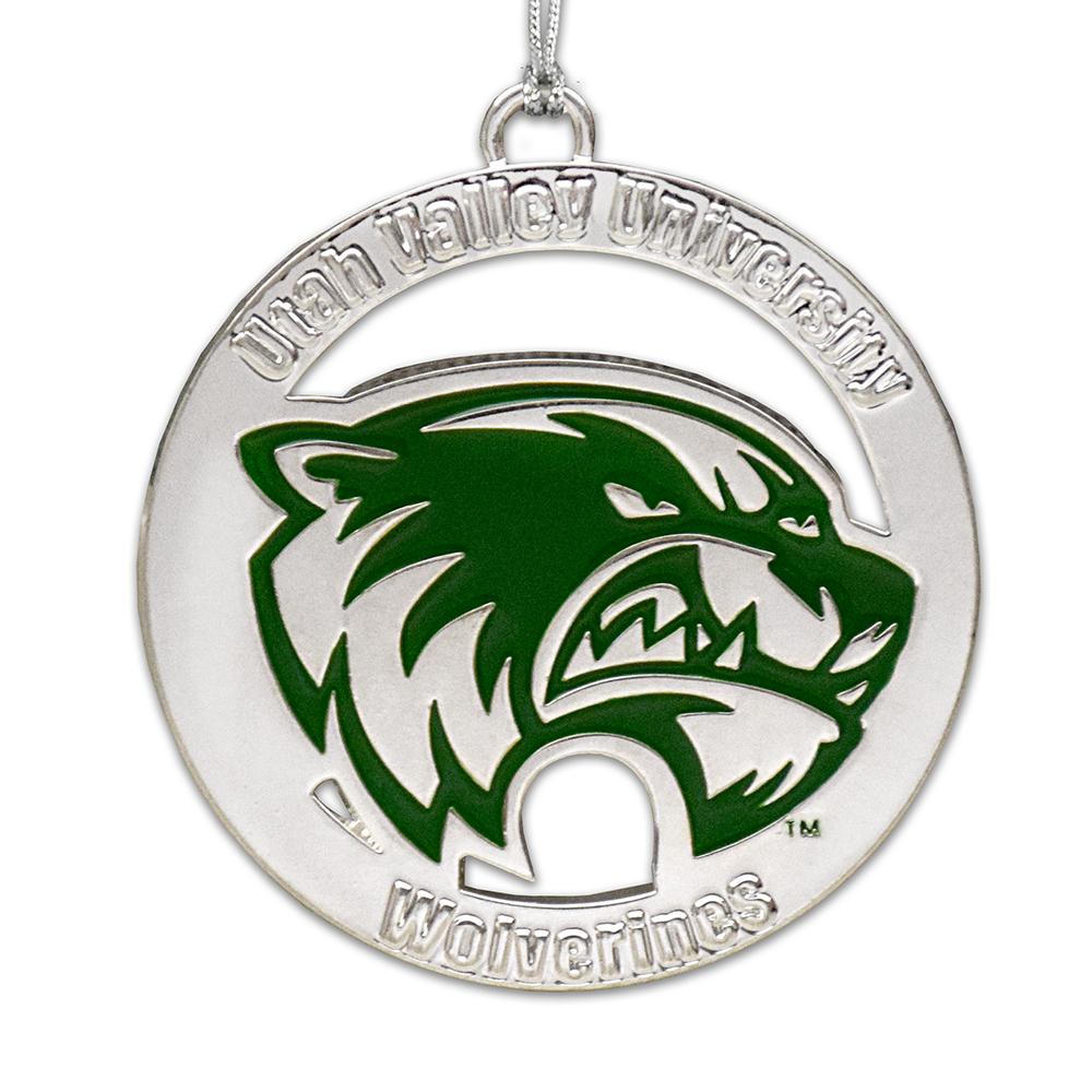 Utah Valley University UVU Wolverine Ornament featuring the UVU logo, perfect for holiday decorations.