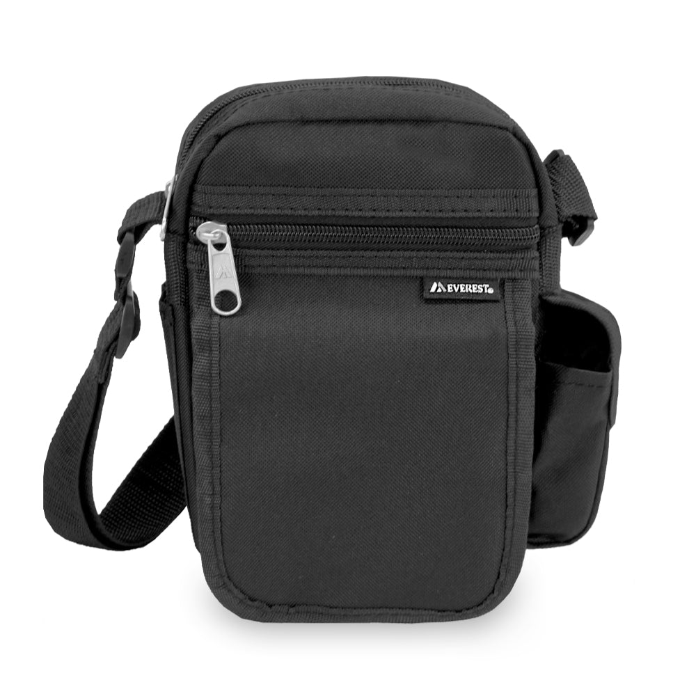 A versatile utility bag designed for cameras and small items, featuring multiple zippered compartments and an adjustable shoulder strap.