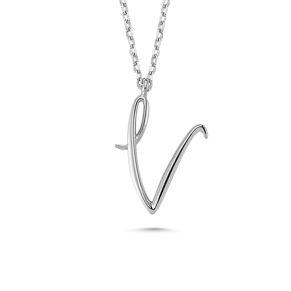 V Letter Mini Initial Silver Necklace featuring a flat 'V' pendant on a silver chain with extension.