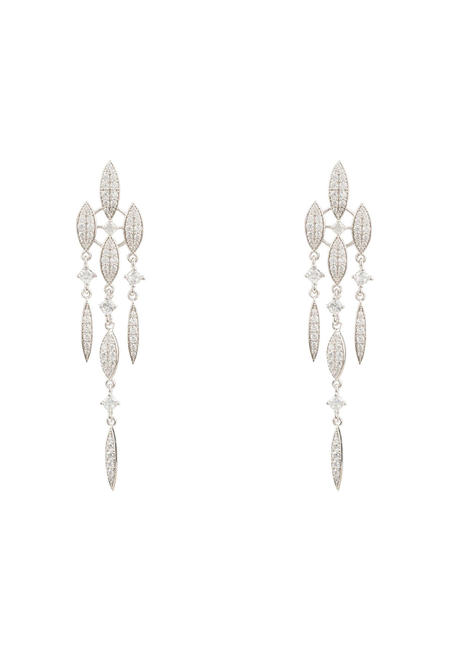 Valencia Statement Drop Earring featuring white cubic zirconia in a triple strand drop design, crafted from 925 sterling silver.