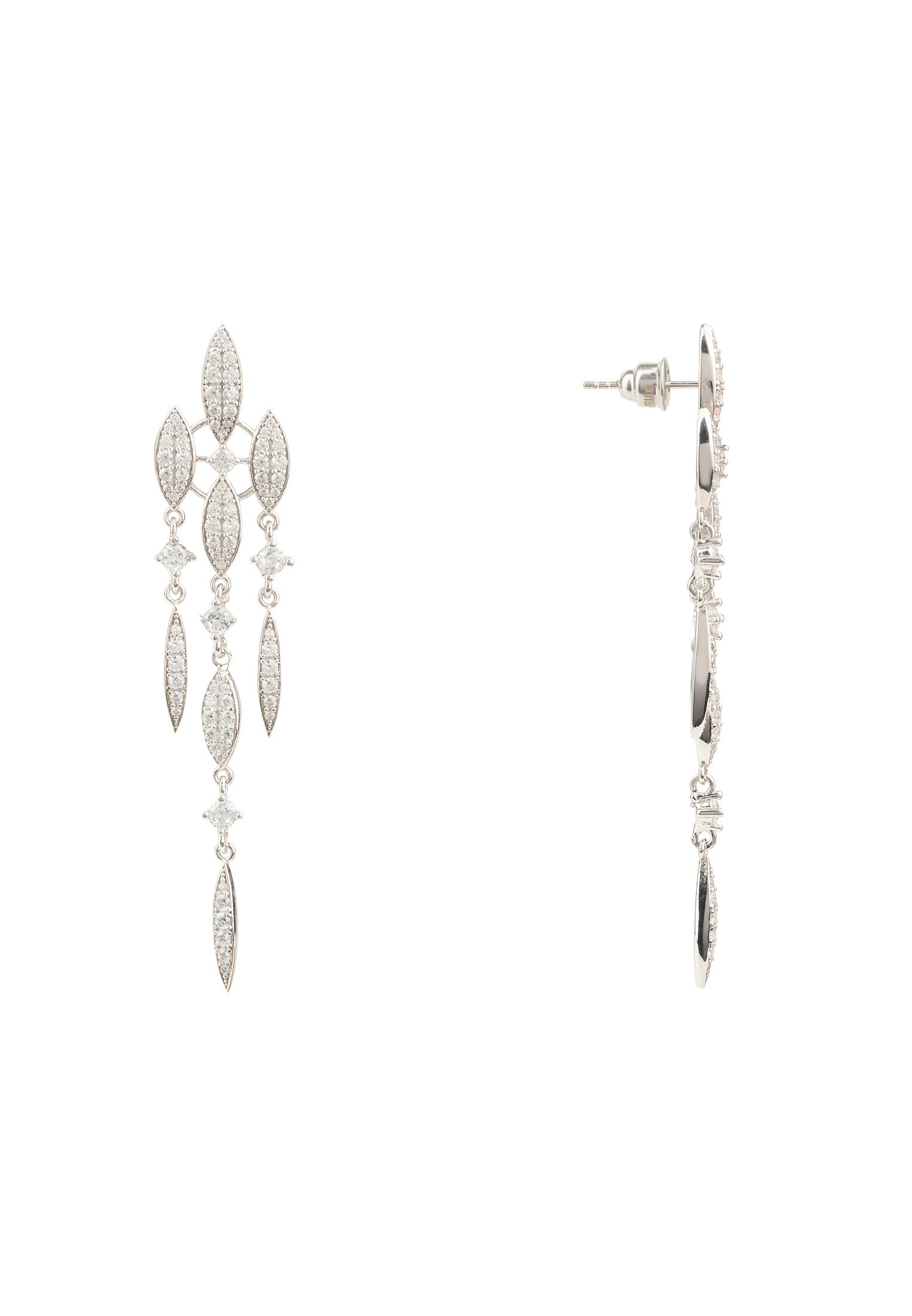 Valencia Statement Drop Earring featuring white cubic zirconia in a triple strand drop design, crafted from 925 sterling silver.